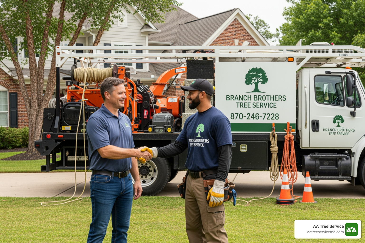 homeowner shaking hands with a uniformed tree service professional in front of a company truck - tree cutting service derry nh