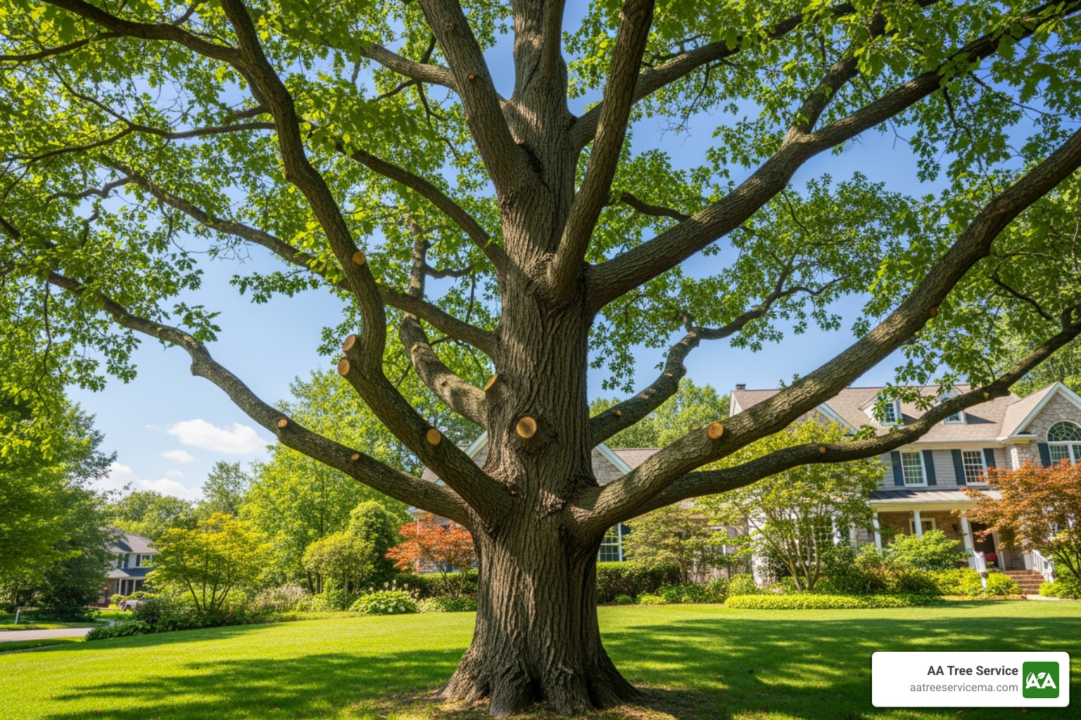 tree care professional safely pruning a large oak tree - tree cutting service derry nh