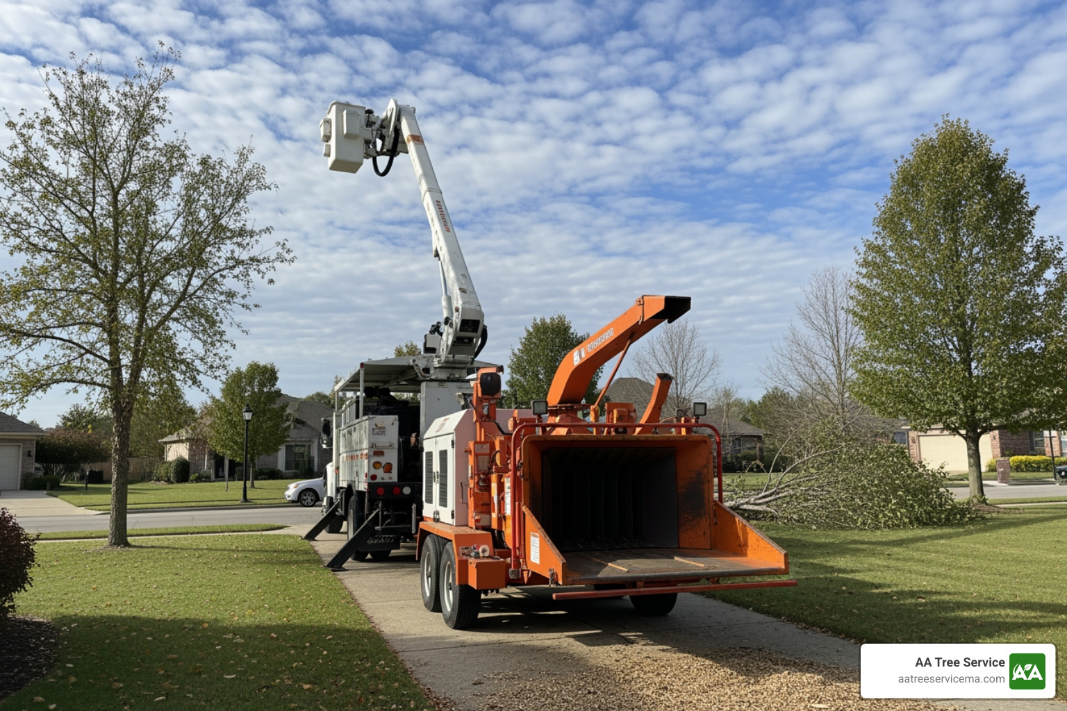 modern tree service equipment, including a bucket truck and a large wood chipper, on a job site - tree cutting service derry nh