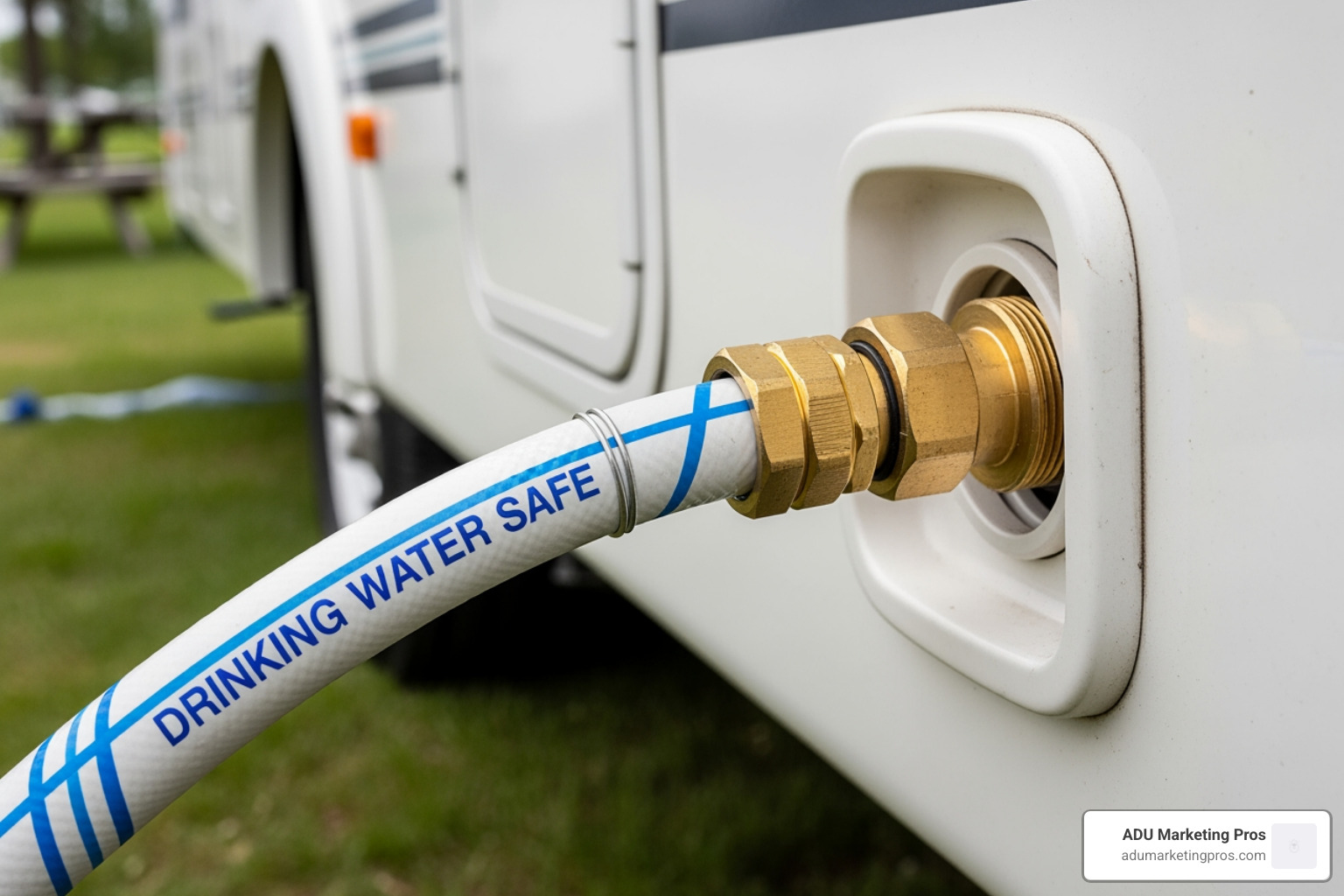 Proper, food-safe water hose connected to an RV - los angeles accessory dwelling unit ordinance use an rv