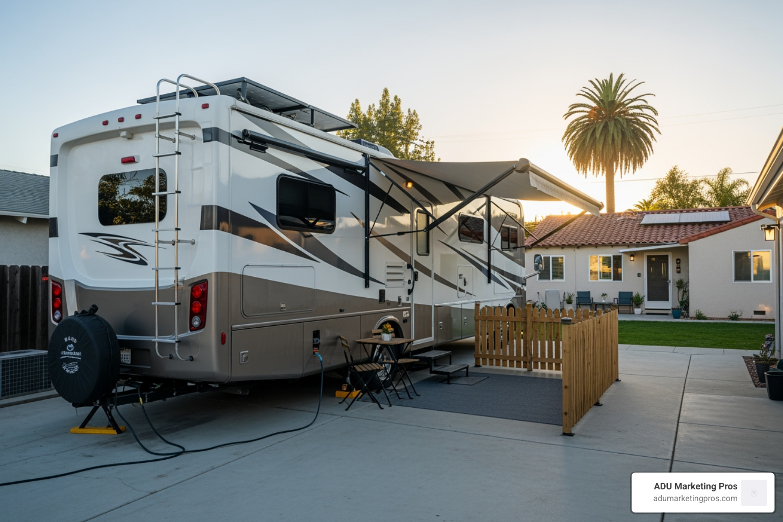 Licensed sewage pumping service truck next to an RV - los angeles accessory dwelling unit ordinance use an rv