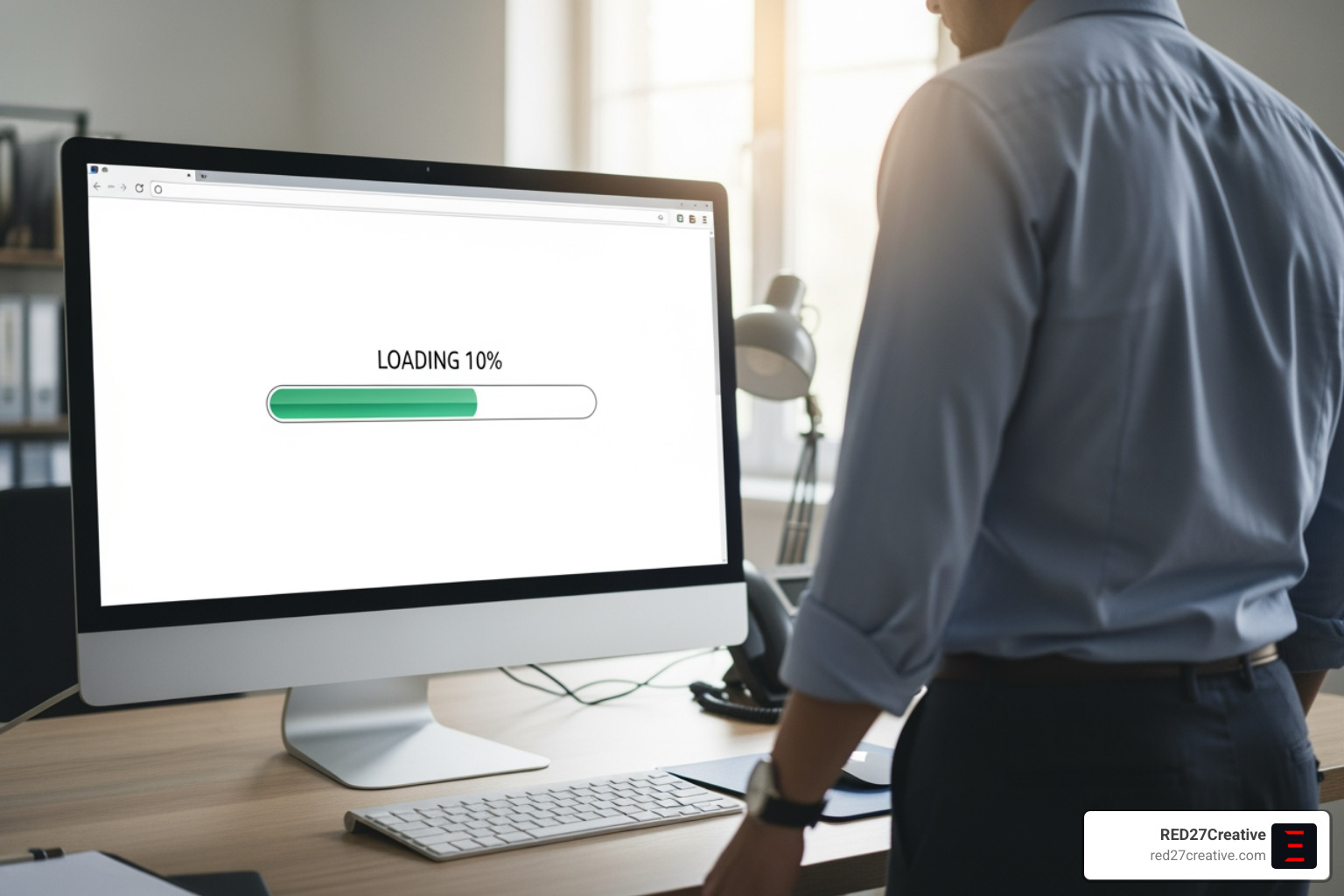 Loading bar with a user leaving, captioned with a speed statistic. Alt text: "User leaving a website due to slow loading speed." - Conversion focused websites Loading bar with a user leaving, captioned with a speed statistic. Alt text: "User leaving a website due to slow loading speed." - Conversion focused websites