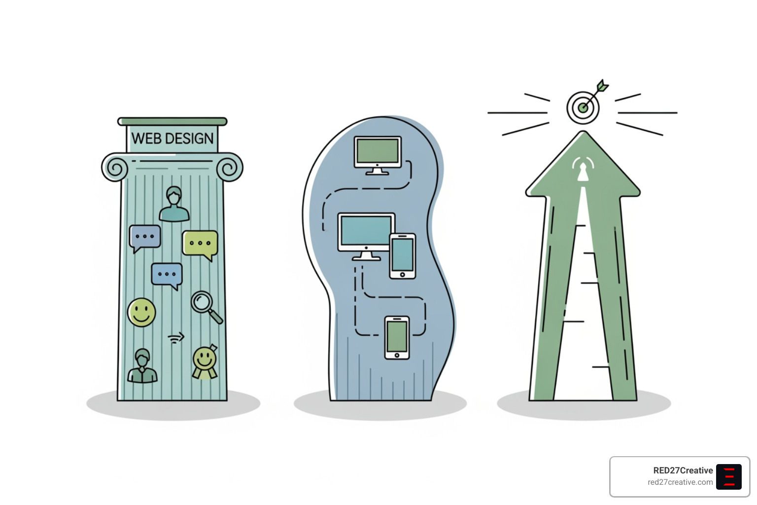 Illustration of three pillars labeled Usability, Responsiveness, and Conversion Focus. Alt text: "Three pillars of conversion-focused web design: Usability, Responsiveness, Conversion Focus." - Conversion focused websites Illustration of three pillars labeled Usability, Responsiveness, and Conversion Focus. Alt text: "Three pillars of conversion-focused web design: Usability, Responsiveness, Conversion Focus." - Conversion focused websites