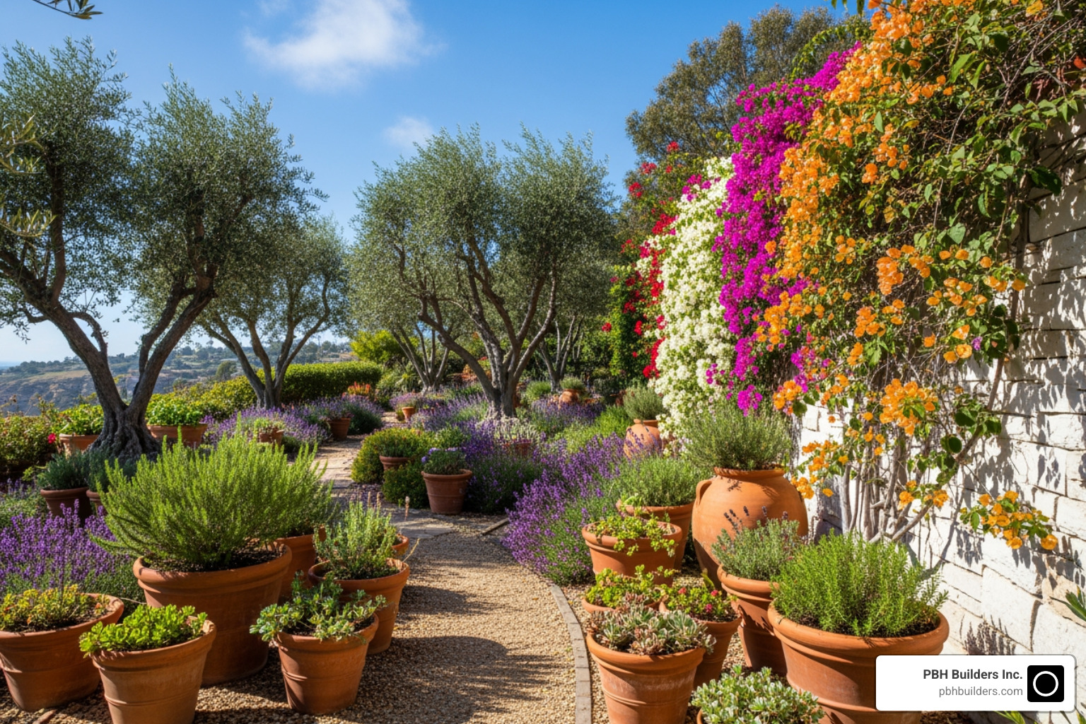 A lush Mediterranean-style garden in La Jolla featuring terracotta pots, bougainvillea, and olive trees. - landscape design la jolla