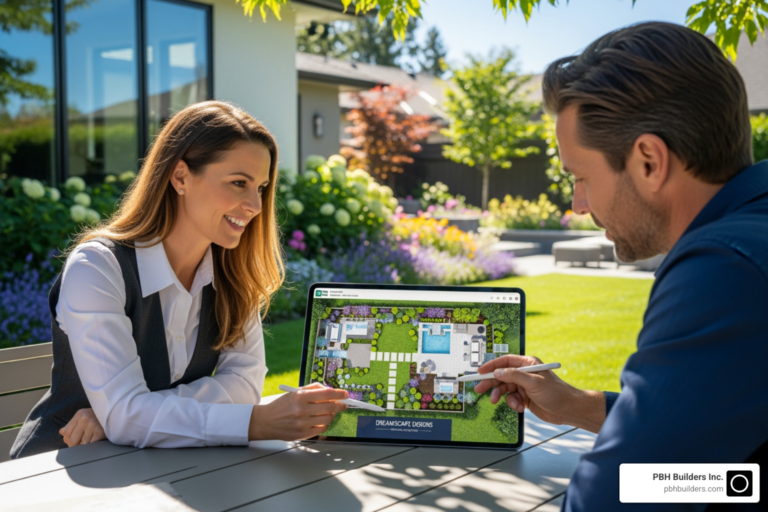 A landscape designer and a homeowner collaborating over design plans on a tablet in a backyard. - landscape design la jolla