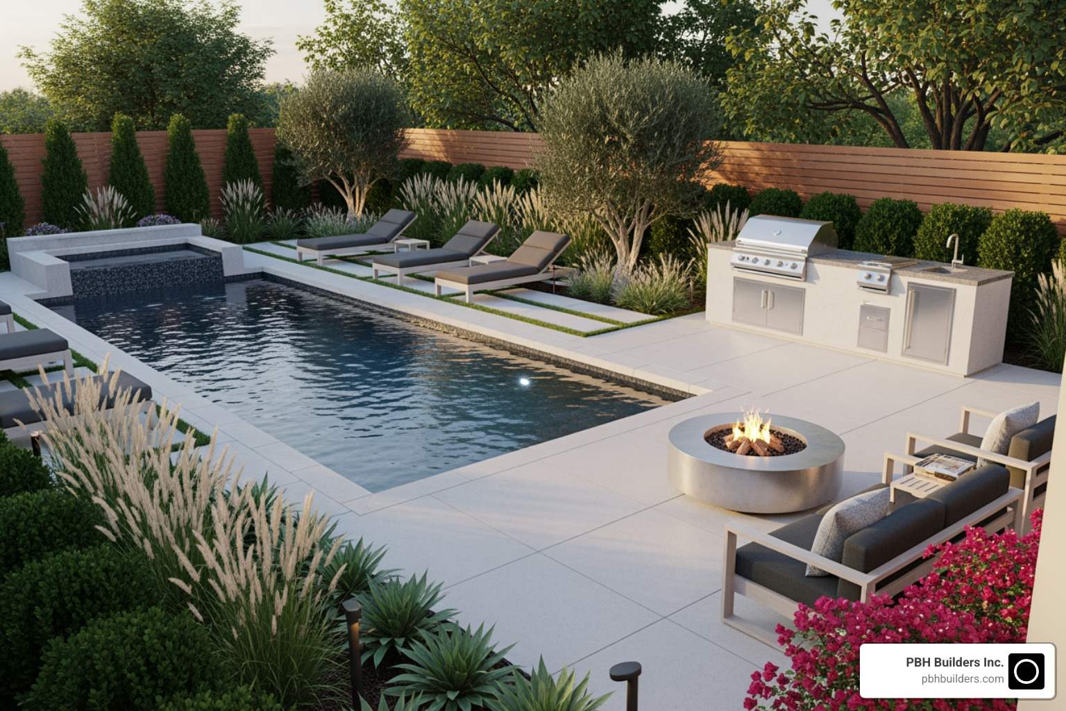 A detailed 3D rendering of a backyard design, showing a pool, patio, and planting plan. - landscape design la jolla