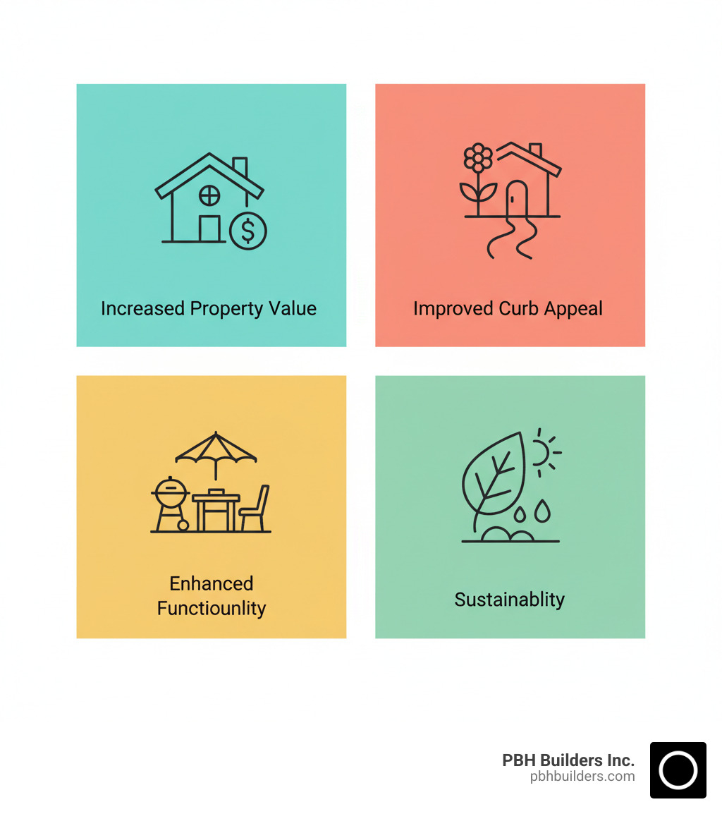 Infographic showing the four key benefits of professional landscape design in La Jolla: 1) Increased Property Value - professional landscaping can provide high ROI and attract buyers, 2) Improved Curb Appeal - creates a stunning first impression with coastal-appropriate plantings, 3) Enhanced Functionality - adds usable outdoor living spaces like patios, kitchens, and dining areas, 4) Sustainability - incorporates drought-tolerant native plants, water-wise irrigation, and eco-friendly practices suited to Mediterranean climate - landscape design la jolla infographic 