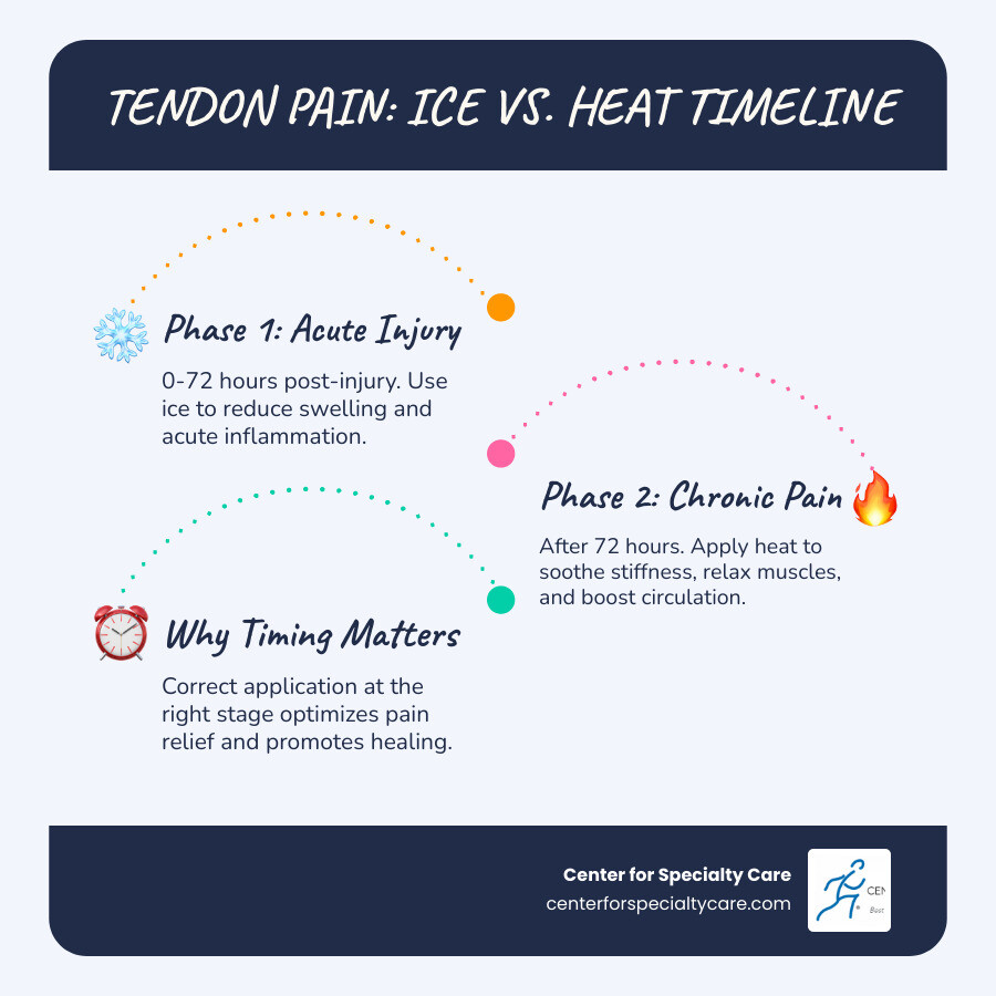 infographic showing timeline for ice versus heat therapy: ice for 0-72 hours after acute injury to reduce swelling, heat after 72 hours for chronic pain and stiffness - heat for tendon pain infographic infographic-line-3-steps-blues-accent_colors infographic showing timeline for ice versus heat therapy: ice for 0-72 hours after acute injury to reduce swelling, heat after 72 hours for chronic pain and stiffness - heat for tendon pain infographic infographic-line-3-steps-blues-accent_colors