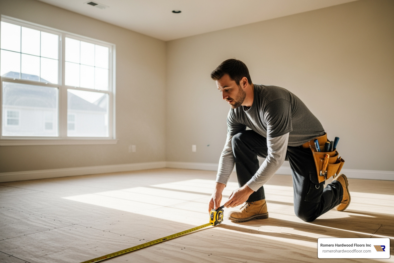 flooring contractor measuring a room - find flooring contractor