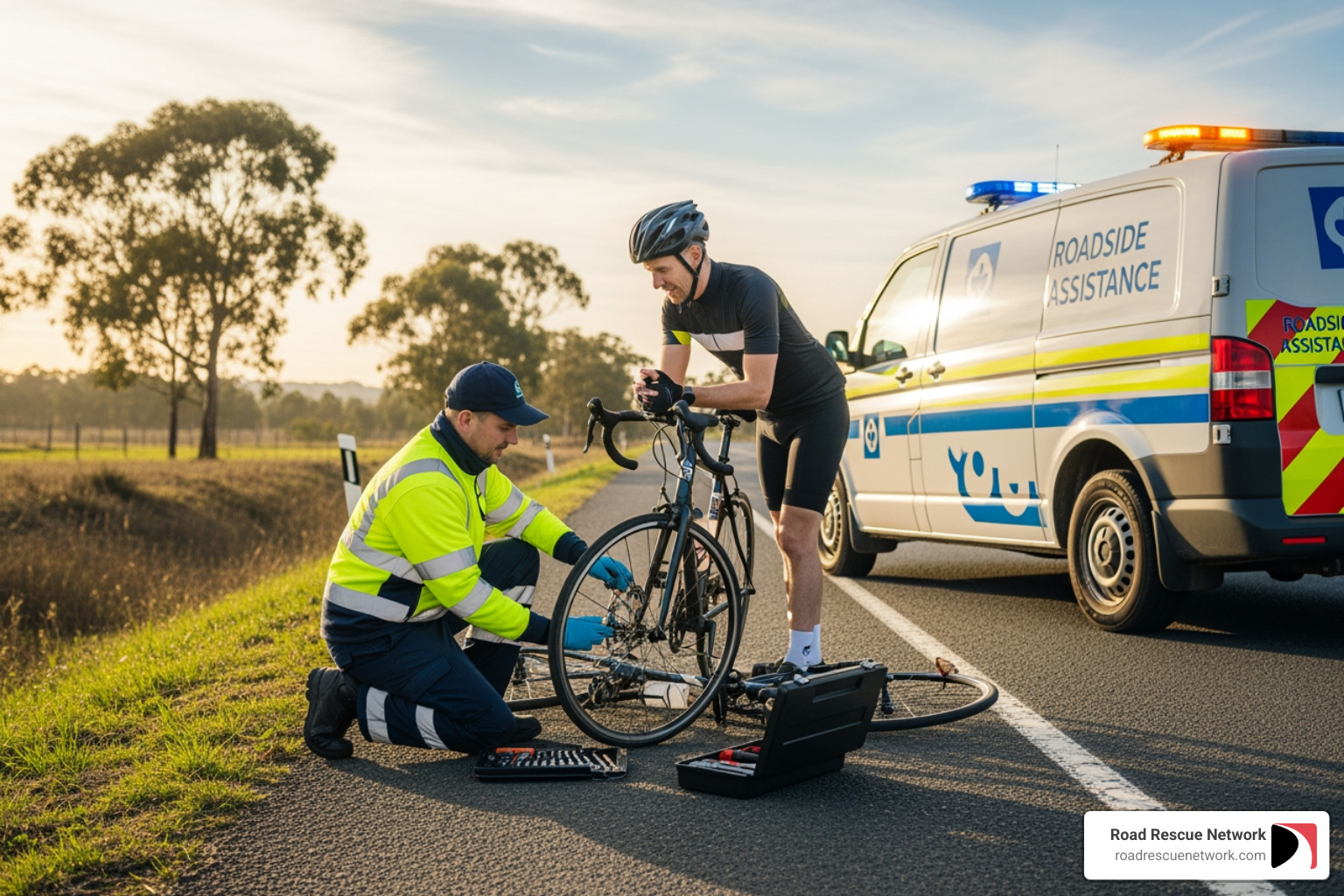 a service provider helping a cyclist with their bike - road side assistance for bike