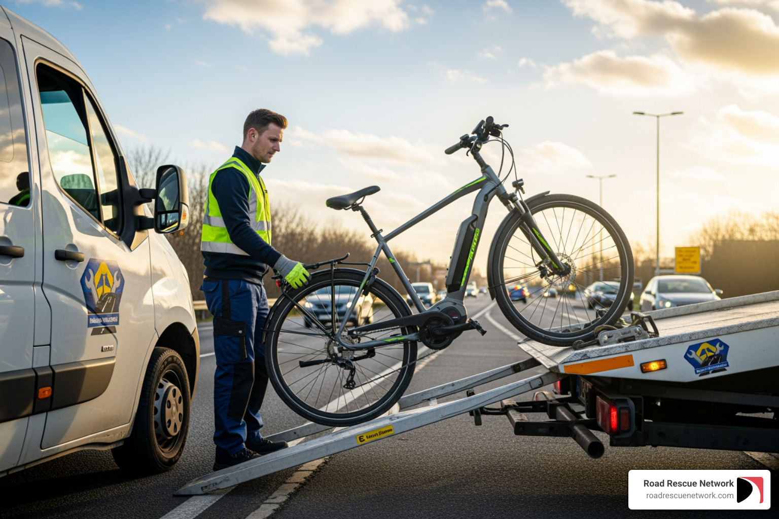 an e-bike being carefully loaded onto a service vehicle - road side assistance for bike