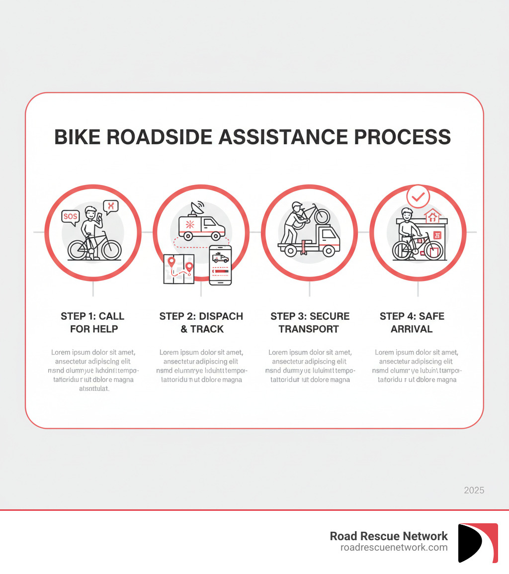 Infographic showing the bike roadside assistance process: Step 1 shows a cyclist with a broken bike calling for help, Step 2 shows a service vehicle being dispatched with GPS tracking, Step 3 shows the bike being loaded onto a transport vehicle, Step 4 shows the cyclist and bike arriving safely at their destination or repair shop - road side assistance for bike infographic 