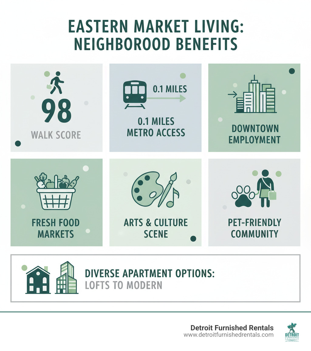 Infographic showing Eastern Market neighborhood benefits: 98 Walk Score, 0.1 miles to Eastern Market Metro, proximity to downtown employment centers, access to fresh food markets, vibrant arts and culture scene, pet-friendly community amenities, and diverse apartment options from historic lofts to modern buildings - apartments near Eastern Market infographic 