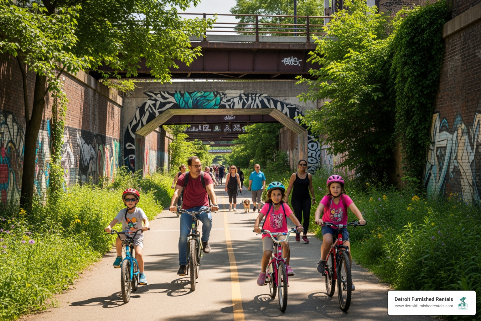 People biking on the Dequindre Cut Greenway in Detroit - apartments near Eastern Market