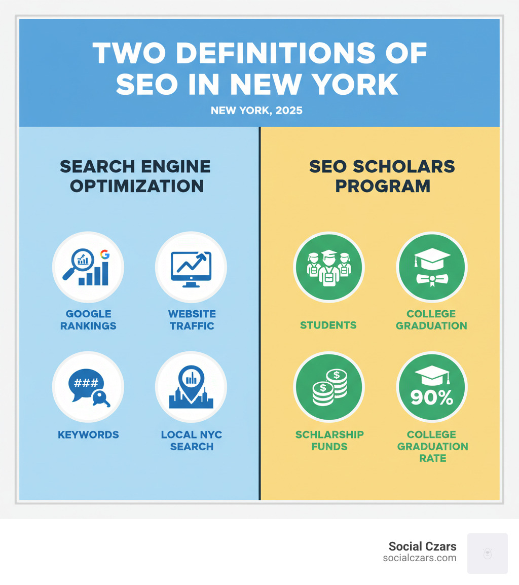 Infographic explaining the two different definitions of "SEO" in New York: On the left, Search Engine Optimization with icons representing Google rankings, website traffic, keywords, and local search results for NYC businesses; on the right, SEO Scholars program with icons showing students, college graduation caps, scholarship funds, and the 90% college graduation rate statistic - new york seo infographic 
