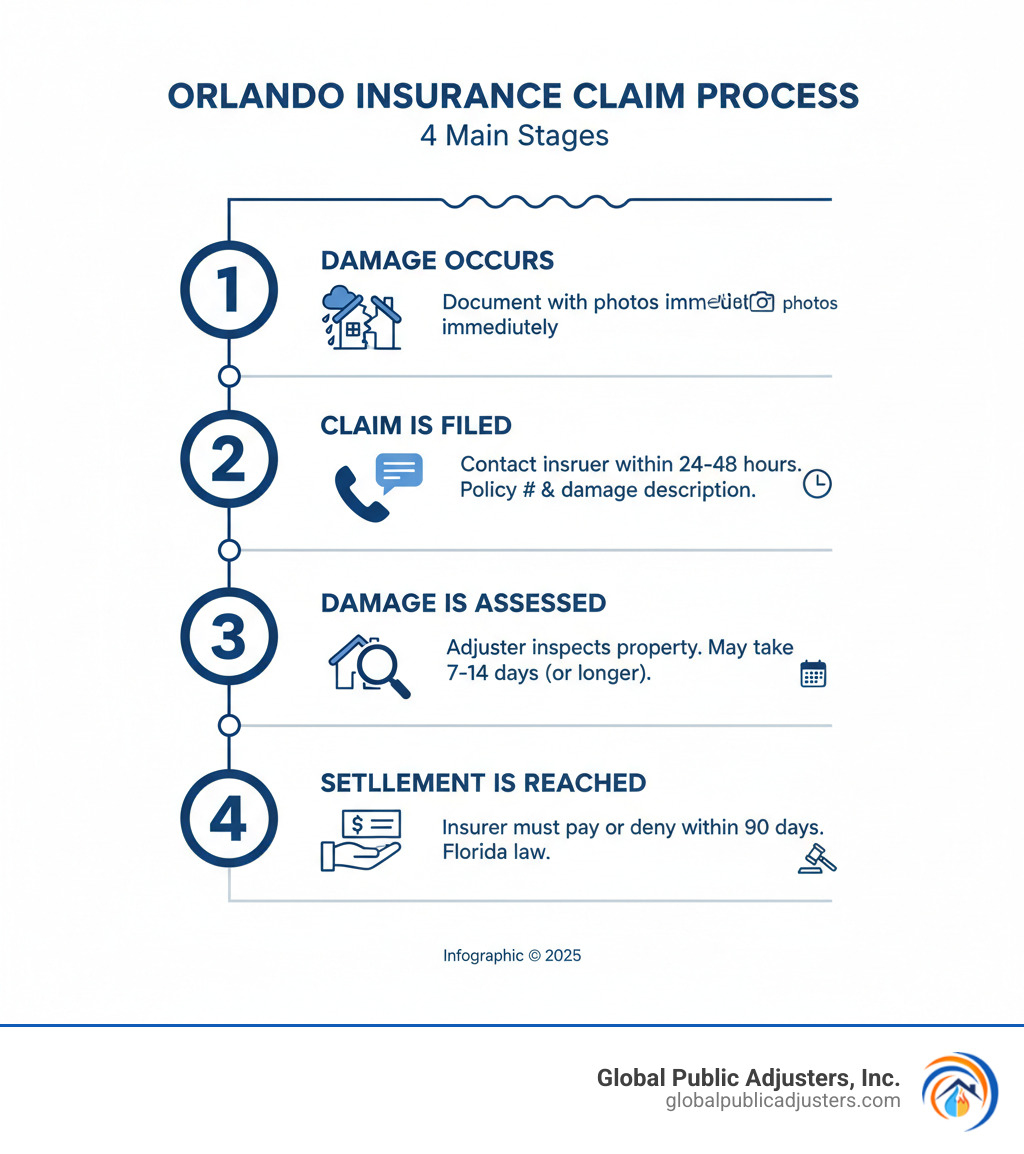infographic showing the 4 main stages of filing an insurance claim in Orlando: Stage 1 - Damage Occurs (document with photos immediately), Stage 2 - Claim is Filed (contact insurer within 24-48 hours with policy number and damage description), Stage 3 - Damage is Assessed (adjuster inspects property, may take 7-14 days or longer after major events), Stage 4 - Settlement is Reached (insurer must pay or deny within 90 days under Florida law) - orlando insurance claims infographic 