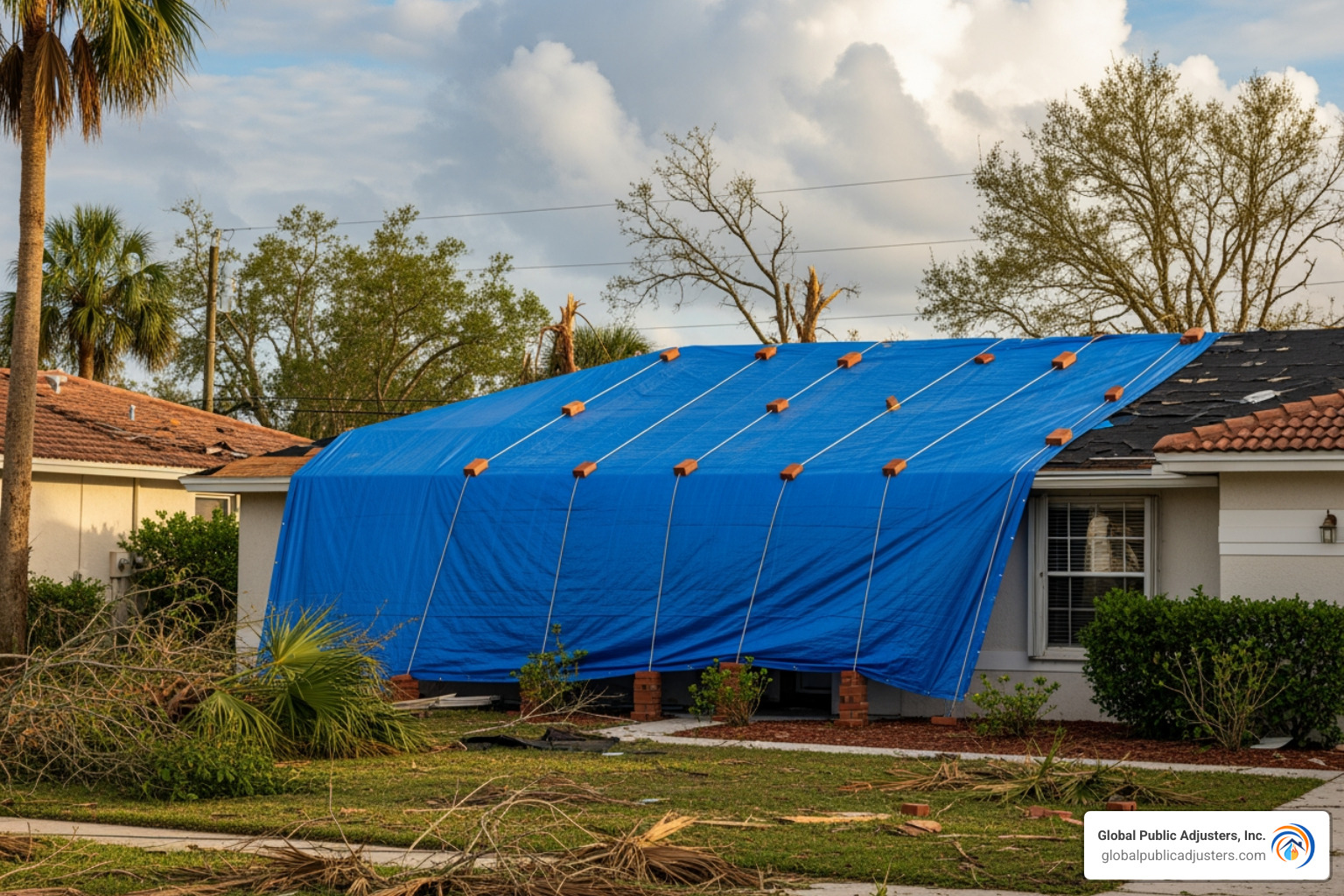 a home with hurricane damage, such as a tarped roof - orlando insurance claims