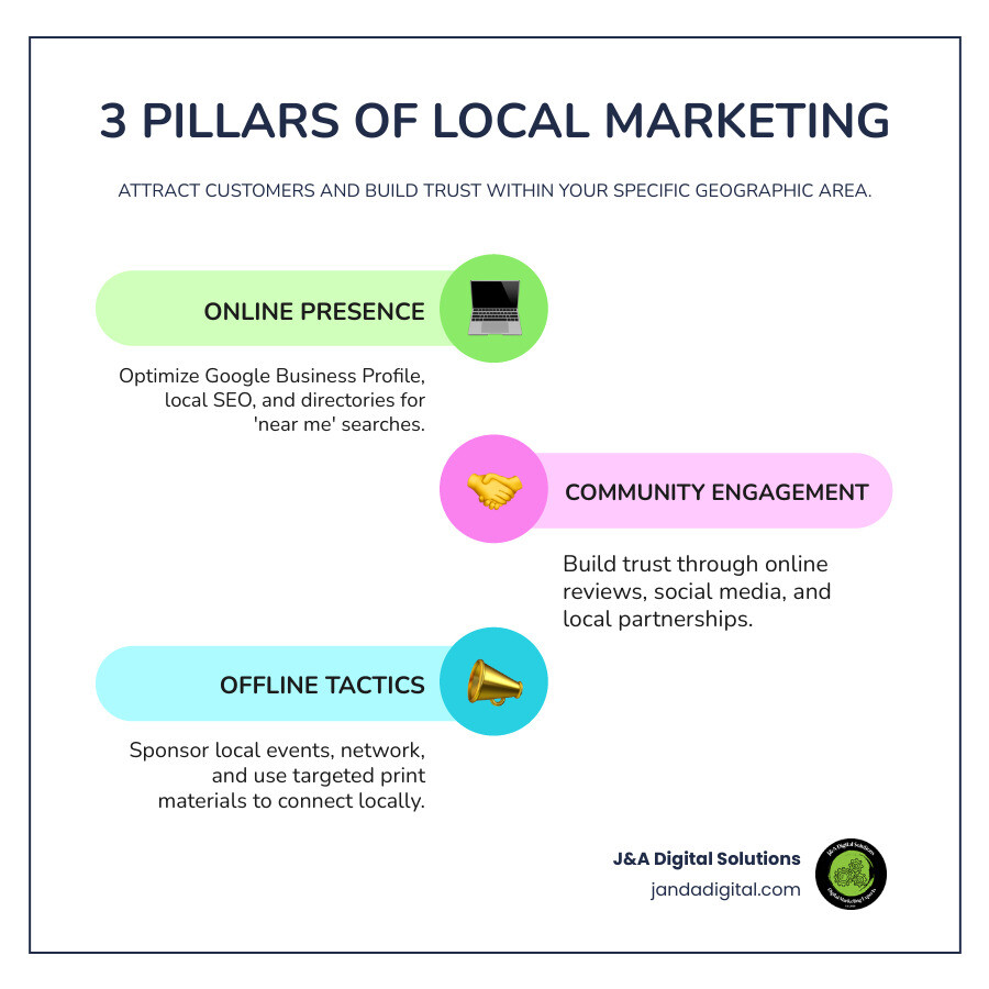 infographic showing three pillars of local marketing strategy: a computer monitor representing online presence optimization including google business profile and local seo, handshake representing community engagement through reviews and partnerships, and megaphone representing offline tactics like sponsorships and print materials - local marketing strategy infographic infographic-line-3-steps-colors