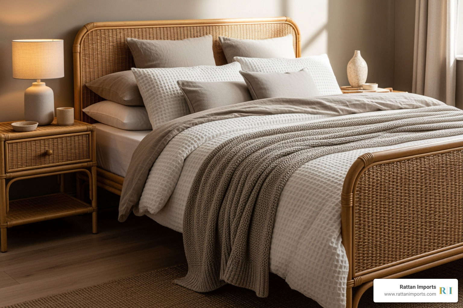 rattan double bed styled with cozy linens and matching nightstand - rattan bed double