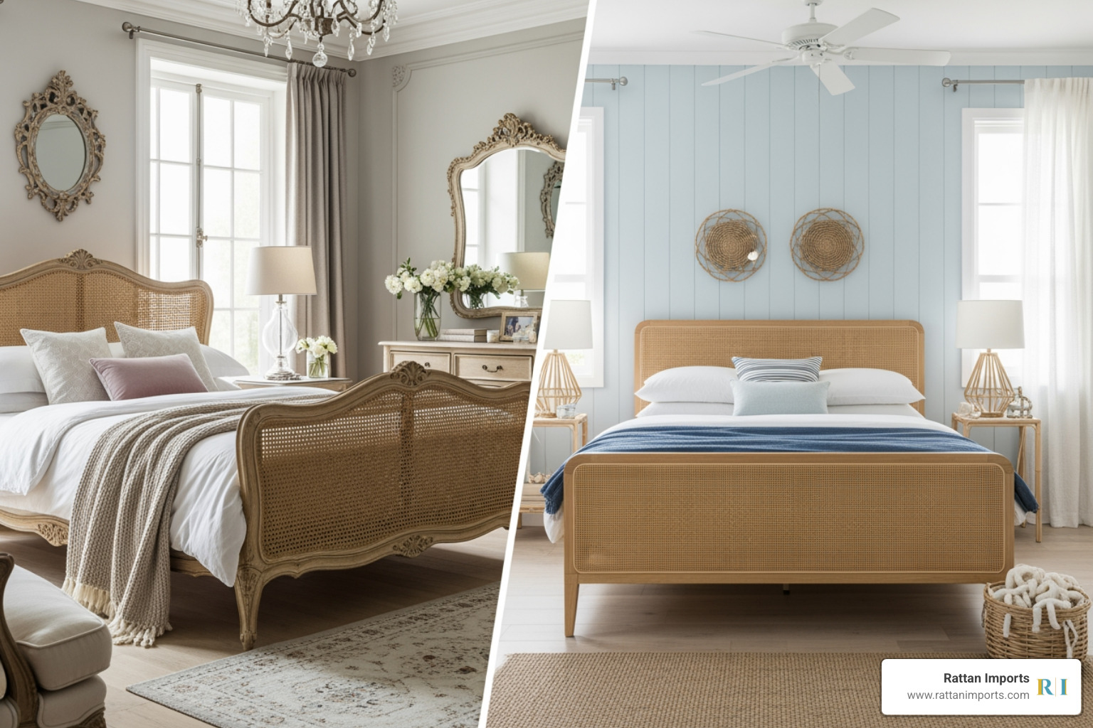 French antique-inspired and modern coastal rattan beds - rattan bed double