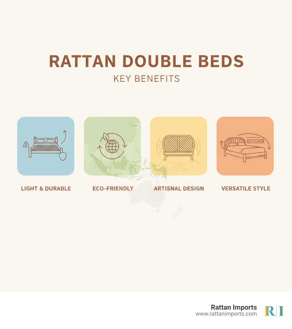 Infographic showing the four key benefits of rattan double beds: 1. Lightweight yet durable construction with solid wood and rattan frames, 2. Eco-friendly sustainable material sourced from Southeast Asia, 3. Artisanal hand-woven designs that add texture and visual interest, 4. Versatile styles from French antique to modern coastal that complement any bedroom aesthetic - rattan bed double infographic 