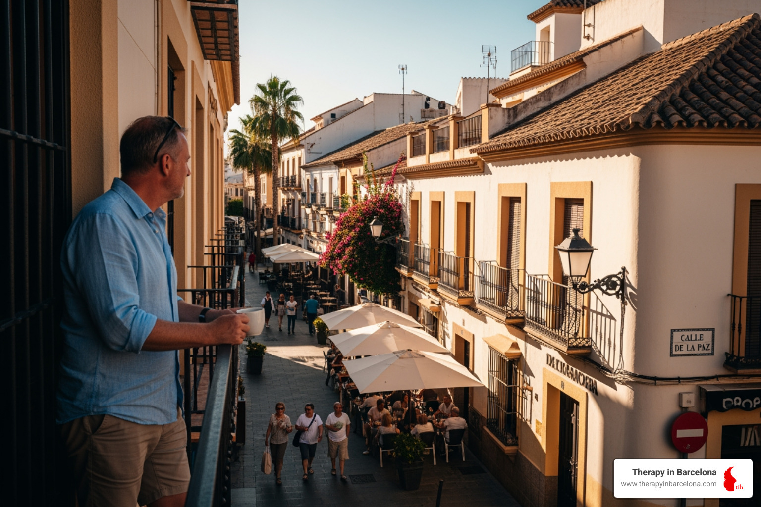 British expat looking at sunlit Spanish street - migrating to spain from uk
