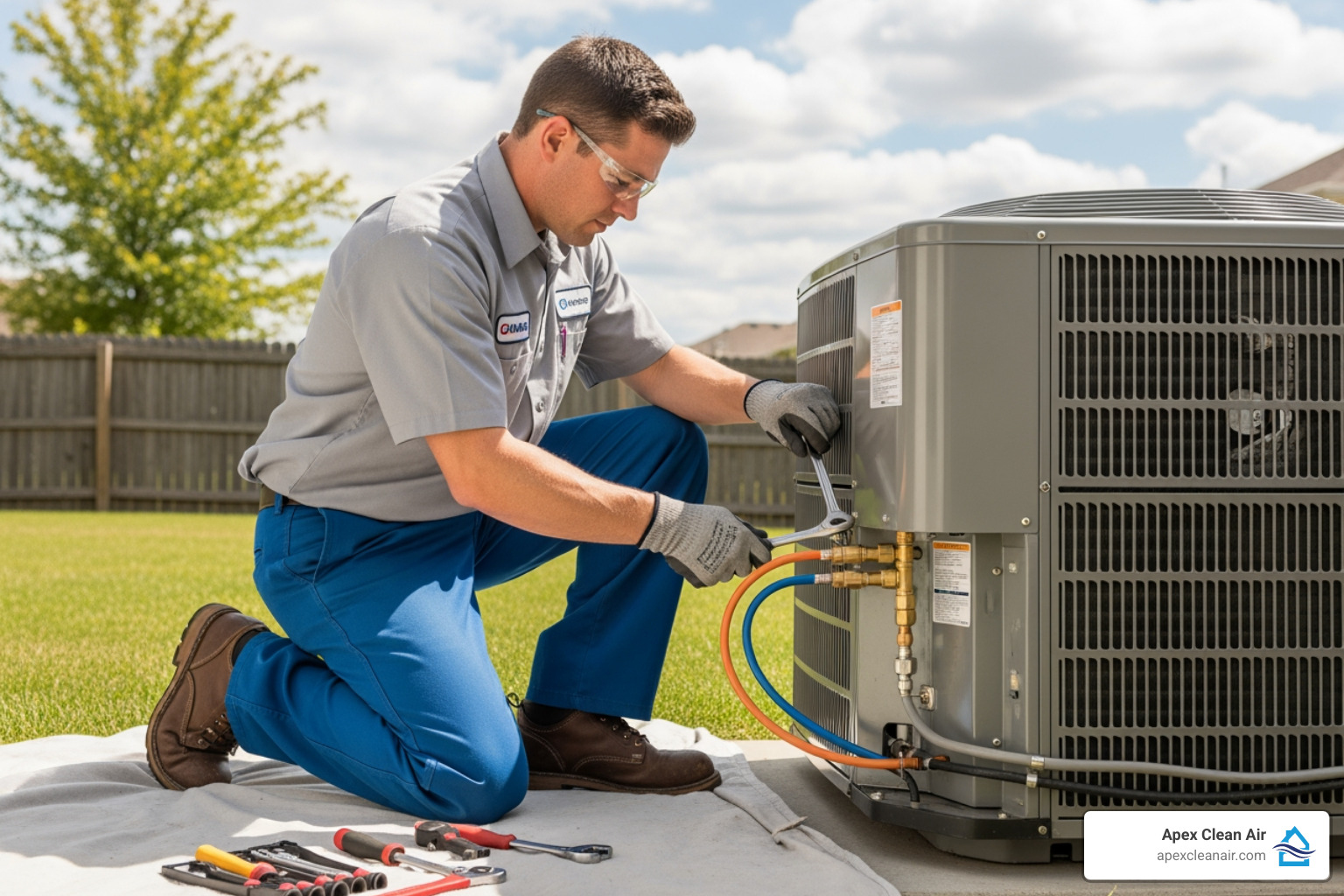 HVAC technician connecting refrigerant lines to an outdoor unit - heat pump installation