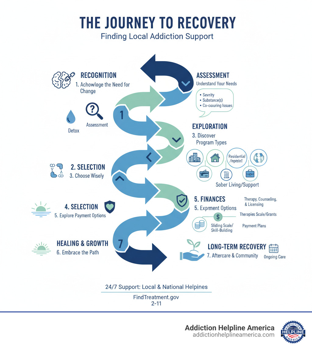infographic showing the journey from recognizing addiction to finding local programs, including steps for assessment, program types, what to look for in facilities, financial options, and the path to long-term recovery with aftercare support - addiction recovery programs near me infographic 