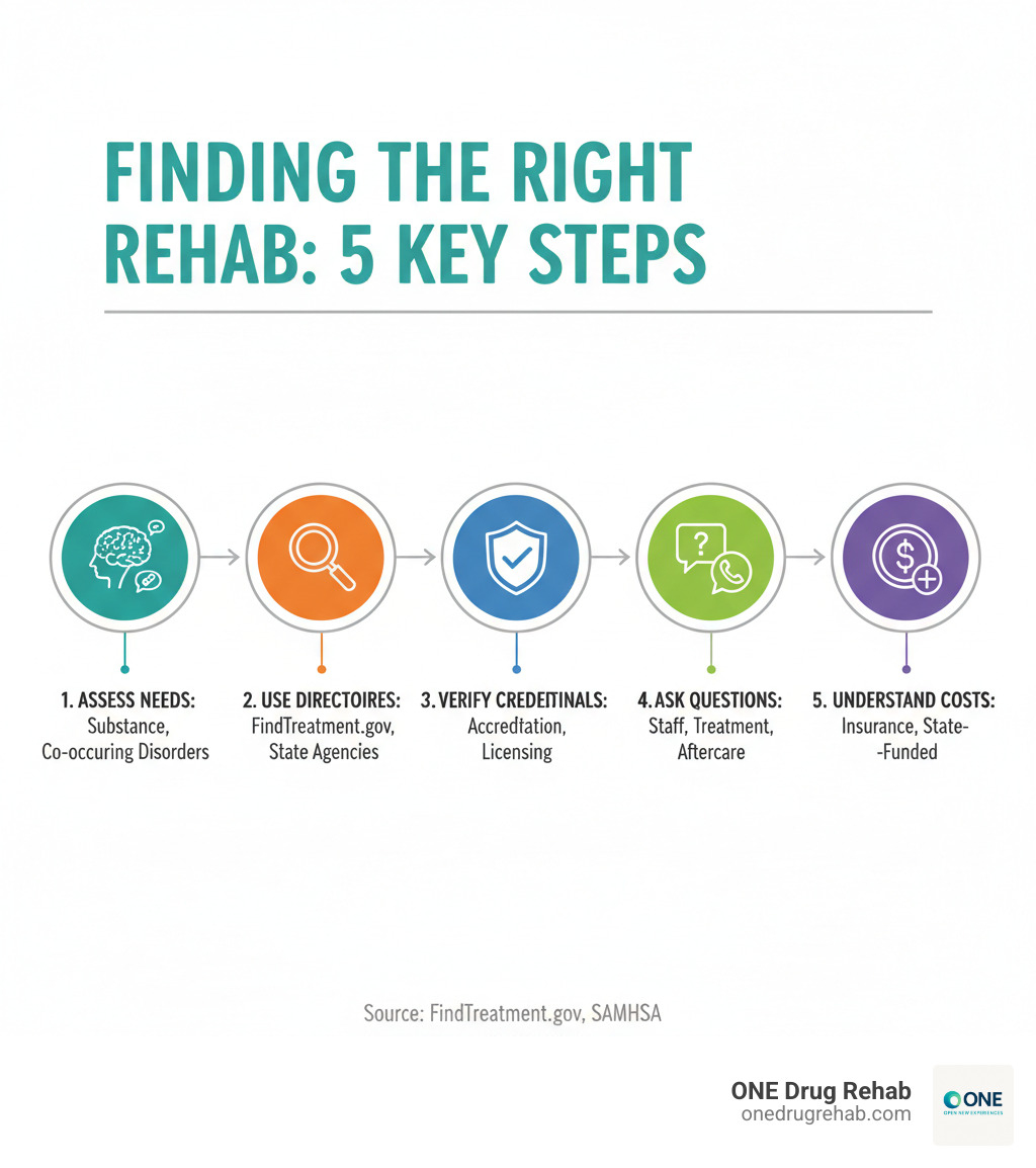 Infographic showing 5 key steps to finding a rehab center: Step 1 - Assess your specific needs including substance type and co-occurring disorders; Step 2 - Use verified directories like FindTreatment.gov and state agencies; Step 3 - Check accreditation and licensing through Joint Commission or CARF; Step 4 - Contact facilities and ask essential questions about staff, treatment approaches, and aftercare; Step 5 - Verify insurance coverage or explore state-funded and payment assistance options - rehab center search infographic 