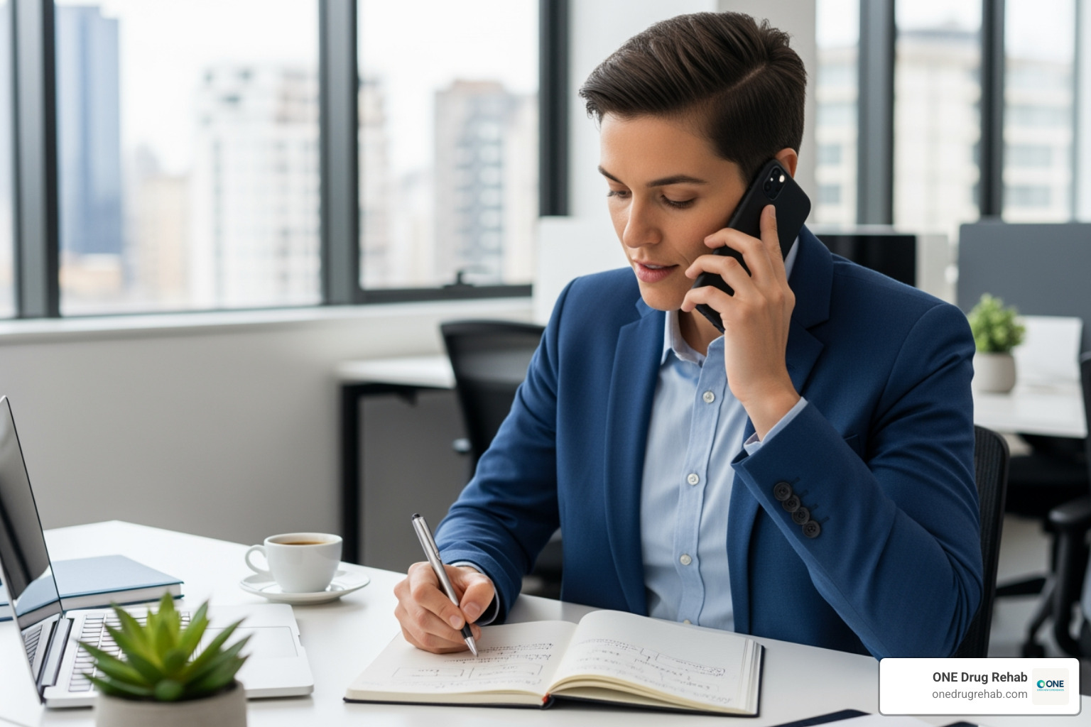 person on the phone taking notes, looking confident - rehab center search