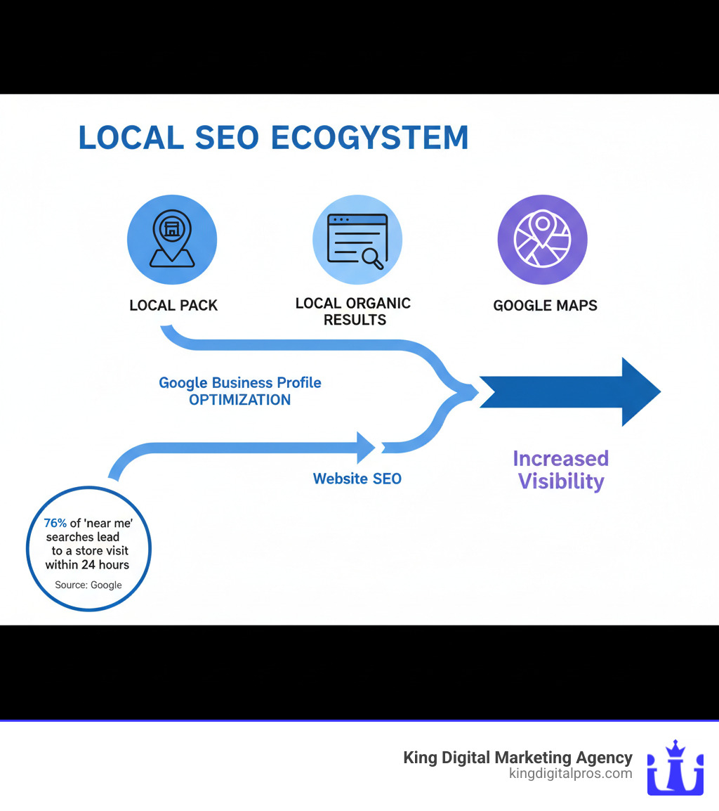 Infographic showing the local SEO ecosystem with three main components: the Local Pack (top 3 businesses with map pins), Local Organic Results (standard blue links below the pack), and Google Maps (separate app/interface). Arrows indicate how Google Business Profile optimization affects the Local Pack, website SEO affects Local Organic Results, and both contribute to Google Maps visibility. Include icons for each component and note that 76% of near me searches lead to a store visit within 24 hours. - local SEO best practices infographic Infographic showing the local SEO ecosystem with three main components: the Local Pack (top 3 businesses with map pins), Local Organic Results (standard blue links below the pack), and Google Maps (separate app/interface). Arrows indicate how Google Business Profile optimization affects the Local Pack, website SEO affects Local Organic Results, and both contribute to Google Maps visibility. Include icons for each component and note that 76% of near me searches lead to a store visit within 24 hours. - local SEO best practices infographic