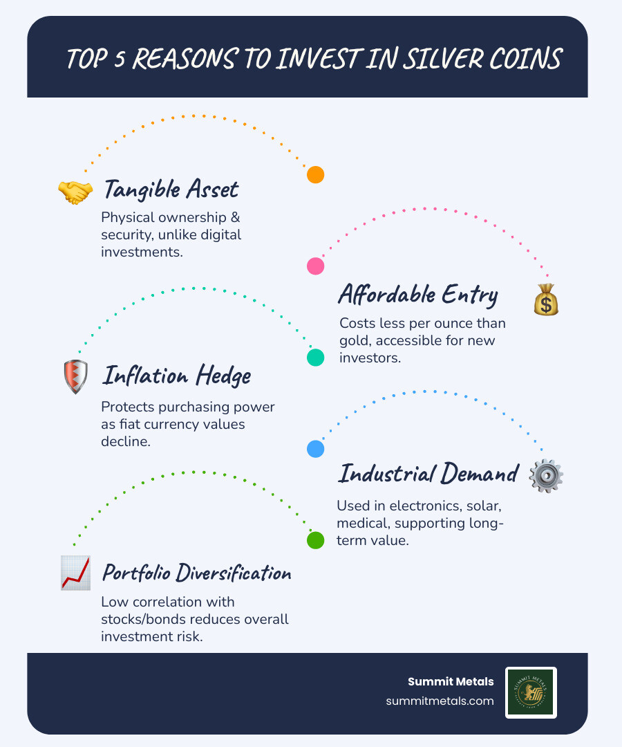 Infographic showing the top 5 reasons to invest in silver coins: 1. Tangible Asset You Can Hold - Unlike digital investments, silver coins offer physical ownership and security. 2. Affordable Entry Point - Silver costs significantly less per ounce than gold, making it accessible for new investors. 3. Hedge Against Inflation - Protects purchasing power as fiat currency values decline over time. 4. Strong Industrial Demand - Used in electronics, solar panels, and medical applications, supporting long-term value. 5. Portfolio Diversification - Low correlation with stocks and bonds reduces overall investment risk. - silver coin investments infographic infographic-line-5-steps-blues-accent_colors
