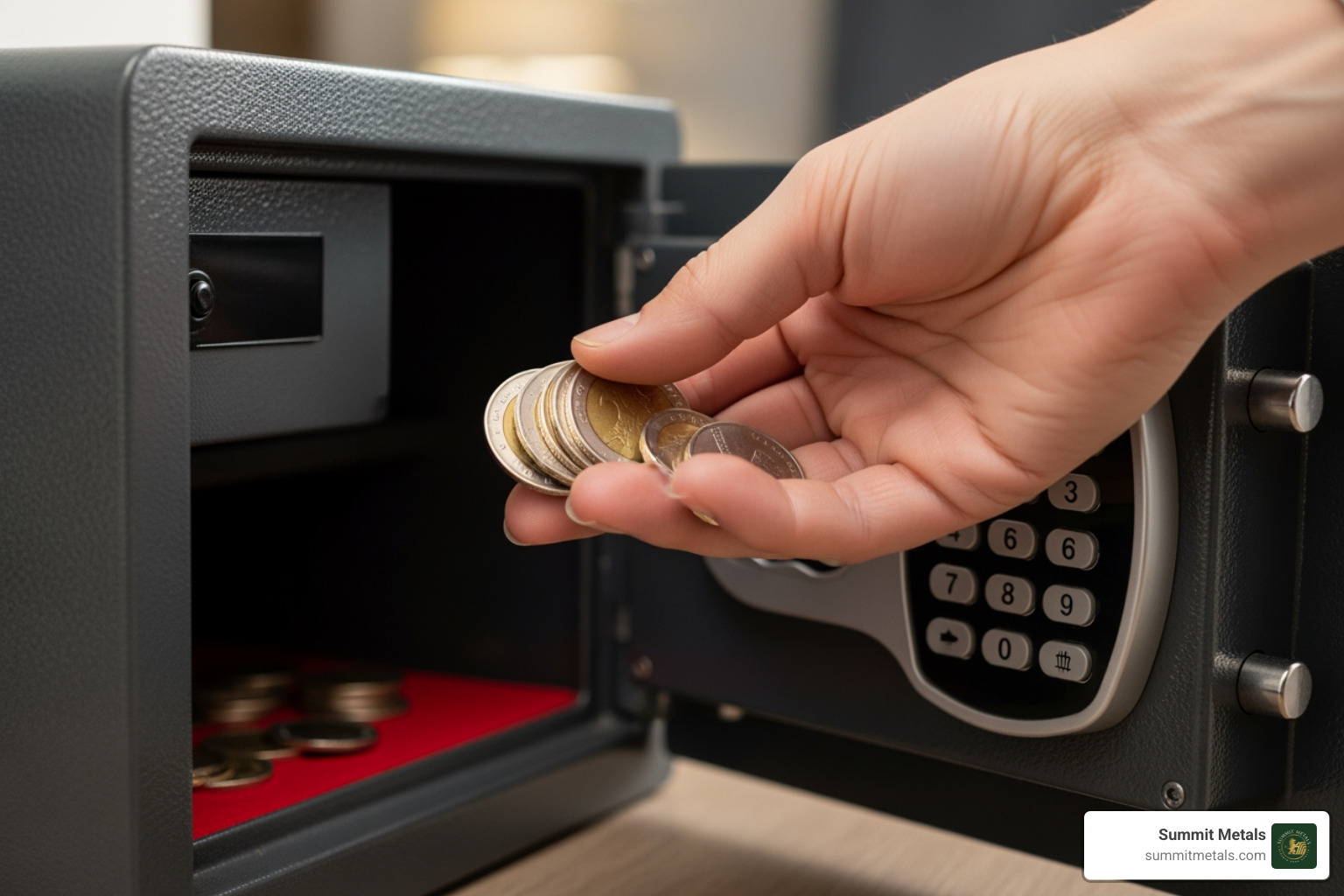 silver coins being placed into a secure home safe - silver coin investments