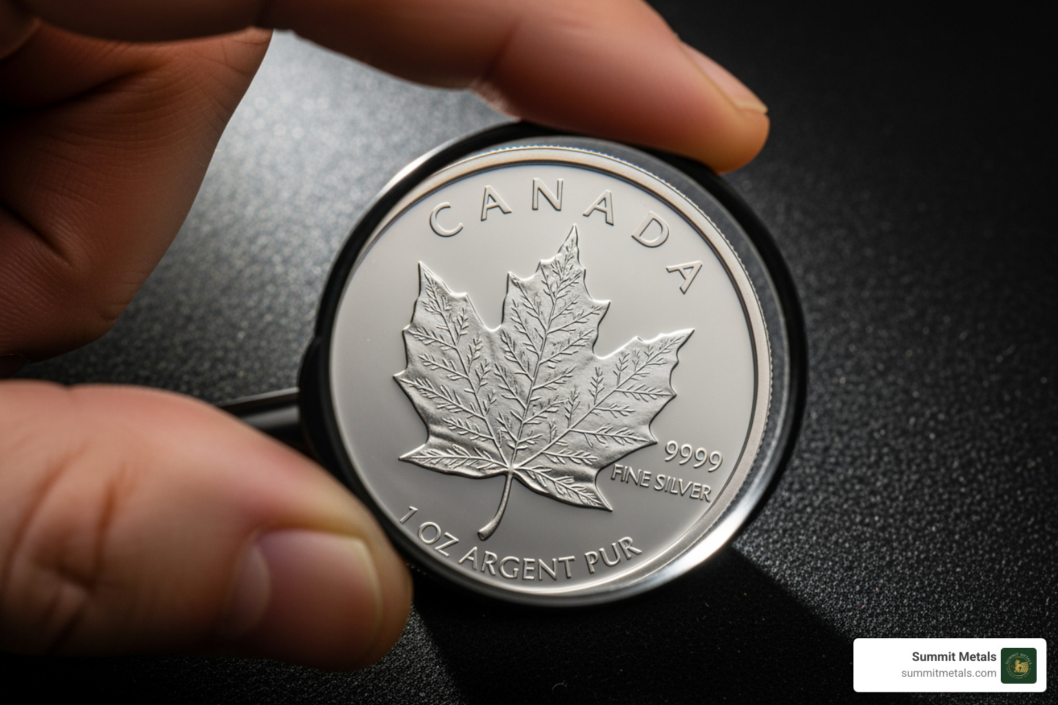 person examining a Canadian Silver Maple Leaf coin with a magnifying glass - silver coin investments