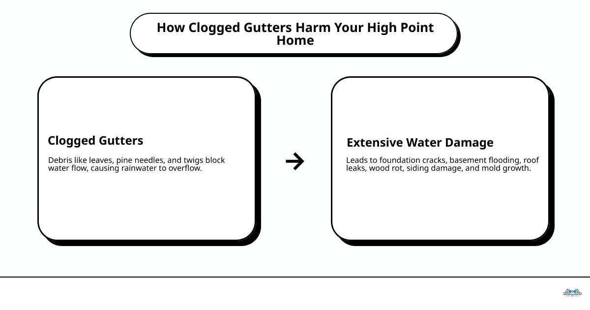 Infographic showing how clogged gutters cause water damage: arrows depicting water overflowing from blocked gutters, pooling at foundation causing cracks, backing up under shingles causing roof leaks, and cascading down siding causing stains and wood rot, with clear labels for each problem area - High Point gutter guard infographic cause_effect_text