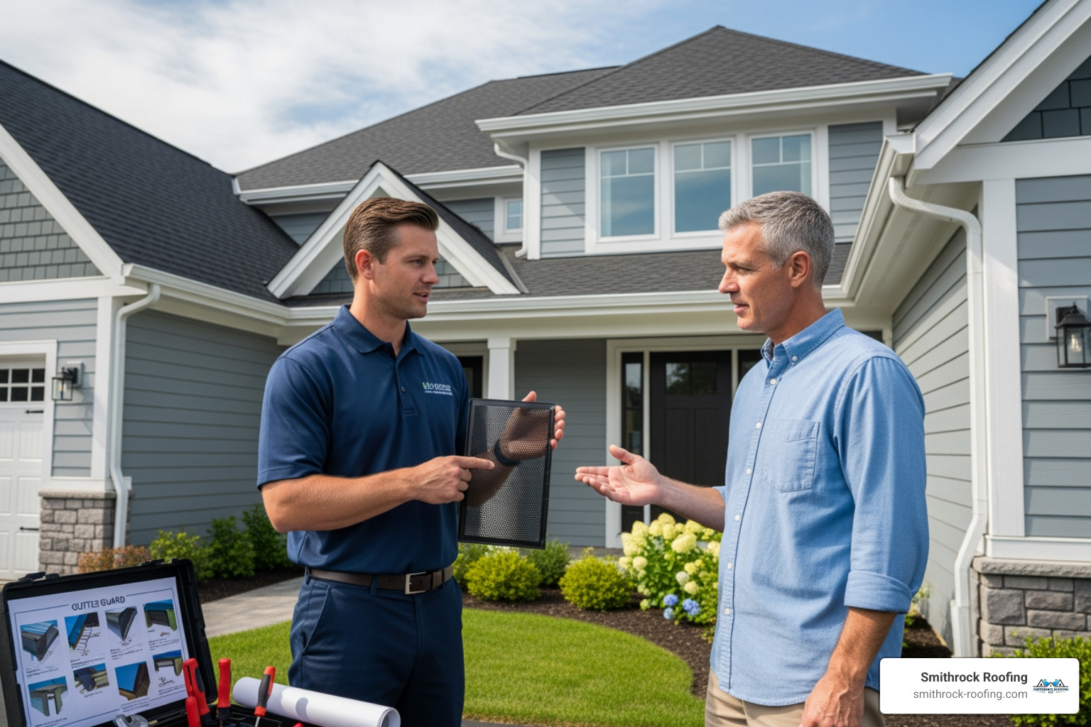 a homeowner discussing gutter guard options with a professional installer - High Point gutter guard