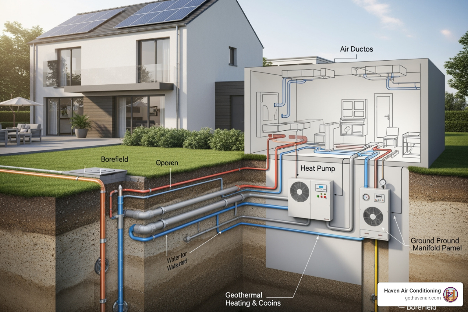 Infographic showing the geothermal heat exchange cycle: in winter, the system extracts heat from the ground via buried loops and transfers it indoors through the heat pump; in summer, the process reverses, absorbing indoor heat and releasing it into the cooler ground - geothermal heating and cooling installation Infographic showing the geothermal heat exchange cycle: in winter, the system extracts heat from the ground via buried loops and transfers it indoors through the heat pump; in summer, the process reverses, absorbing indoor heat and releasing it into the cooler ground - geothermal heating and cooling installation