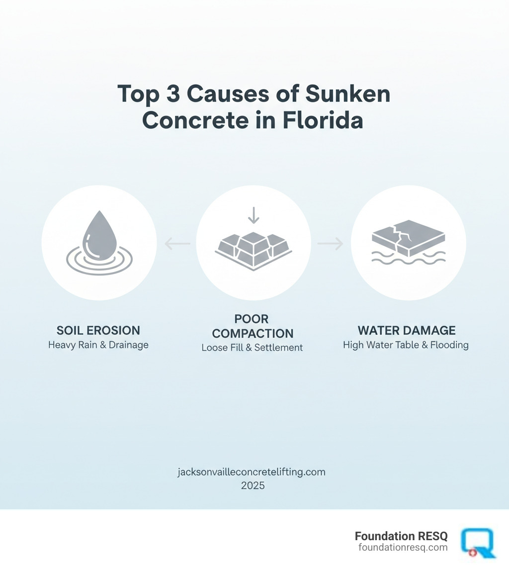 Infographic showing the top 3 causes of sunken concrete in Florida: soil erosion, poor compaction, and water damage - concrete lifting jacksonville infographic 