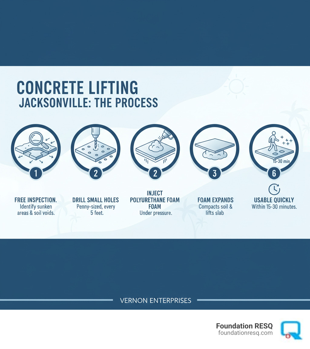 Infographic showing the complete concrete lifting process in Jacksonville: 1) Free inspection identifies sunken areas and soil voids, 2) Small penny-sized holes are drilled every 5 feet, 3) High-density polyurethane foam is injected under pressure, 4) Foam expands to compact soil and lift slab, 5) Holes are patched with matching concrete, 6) Surface is usable within 15-30 minutes - concrete lifting jacksonville infographic 