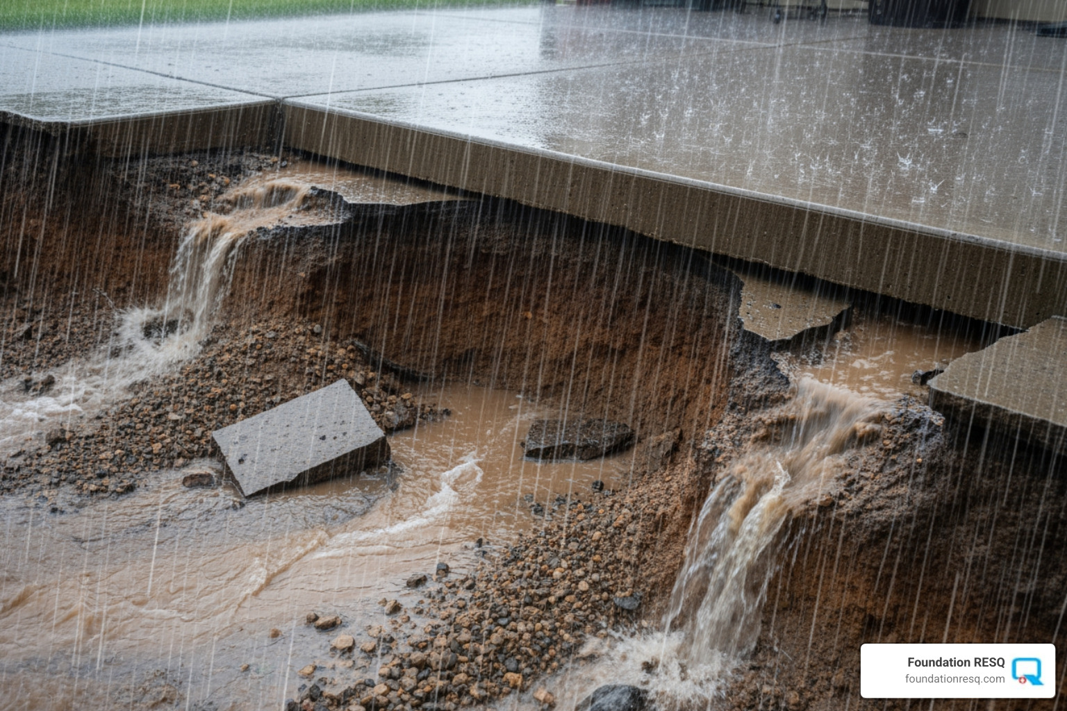 illustrating soil erosion from heavy rain under a concrete patio slab - concrete lifting jacksonville
