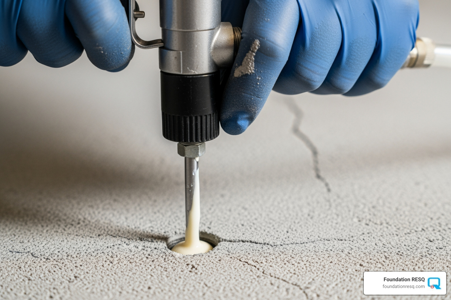of the polyurethane injection process, showing a technician using an injection gun on a small, drilled hole in a concrete slab - concrete lifting jacksonville