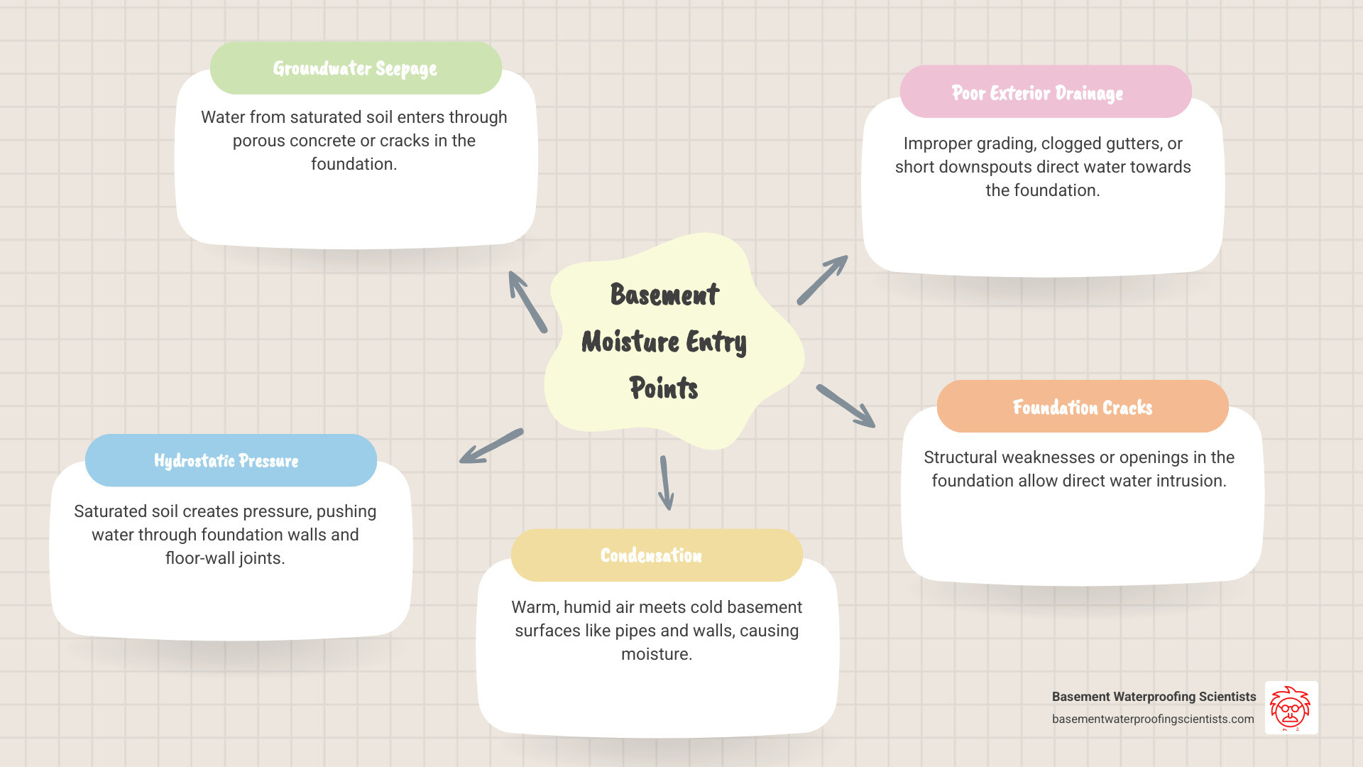 infographic showing basement moisture entry points including floor-wall joints, foundation cracks, window wells, hydrostatic pressure through walls, condensation on cold surfaces, and poor exterior drainage with arrows indicating water flow paths - Basement moisture control systems infographic mindmap-5-items