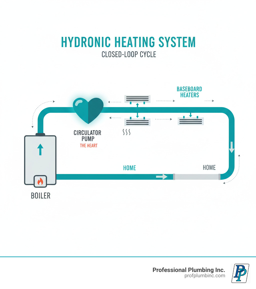 Infographic showing a hydronic heating system loop: boiler heats water, circulator pump (highlighted as the heart) pushes hot water through pipes to baseboard heaters throughout the home, cooled water returns to boiler to be reheated, completing the closed-loop cycle - hot water baseboard circulator pump infographic 