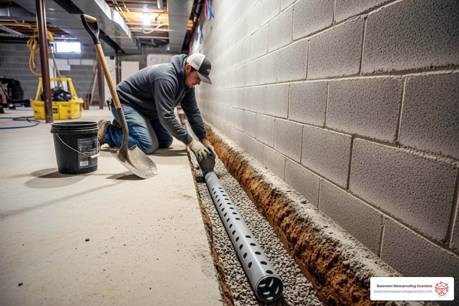interior drainage channel being installed along the basement perimeter - Basement moisture control systems