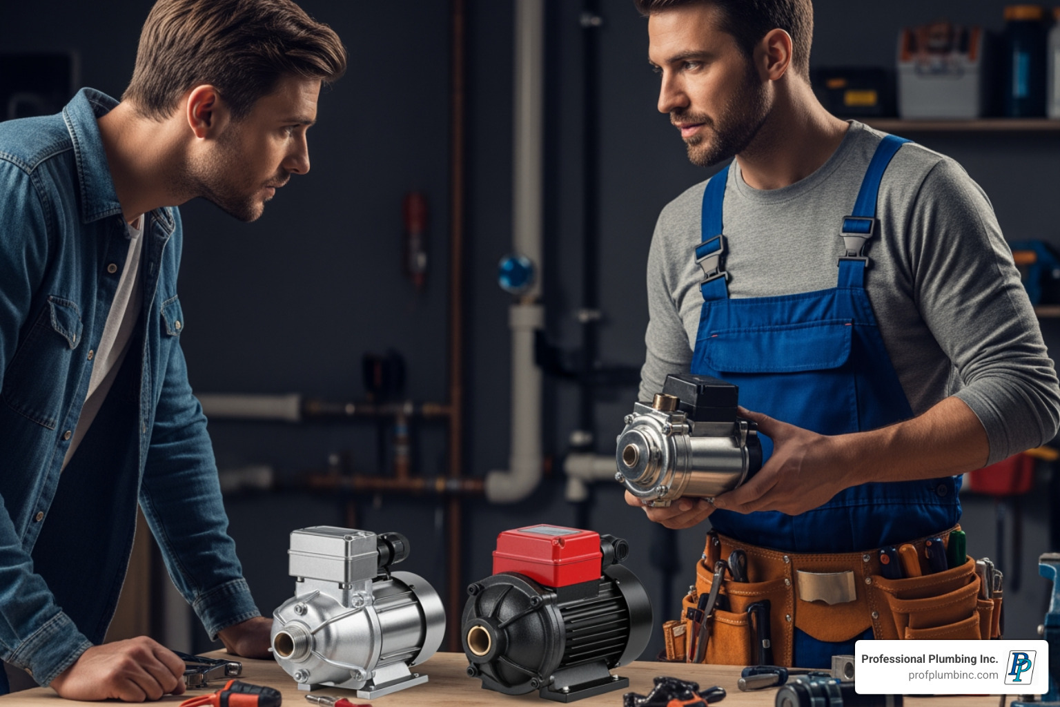 plumber showing homeowner two different circulator pumps - hot water baseboard circulator pump