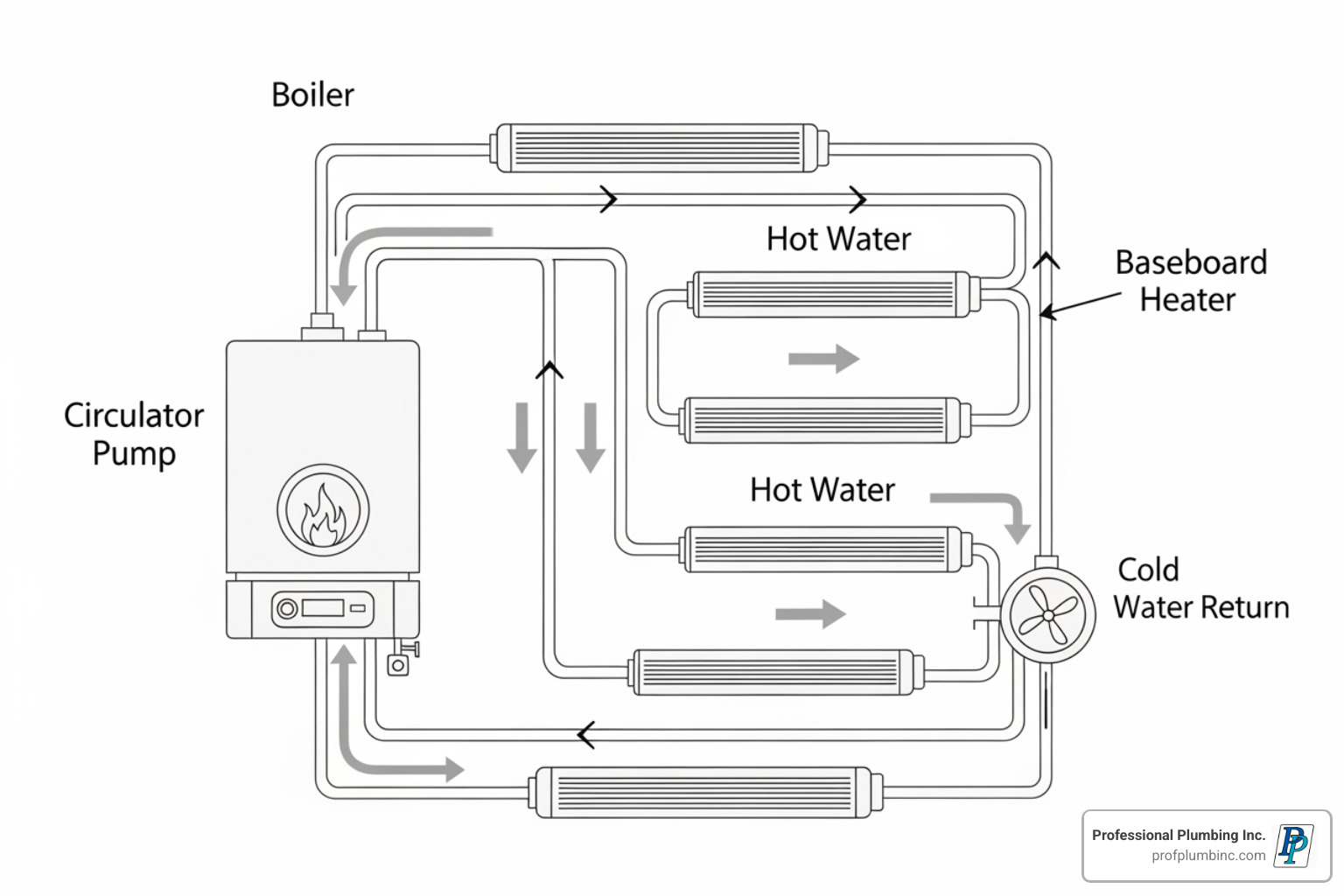 main components of a hydronic heating system clearly labeled - hot water baseboard circulator pump