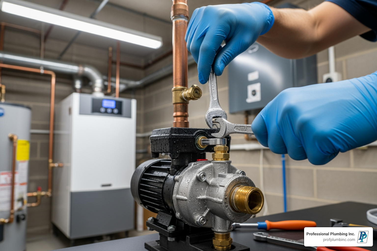 technician's hands performing maintenance on a circulator pump near a boiler - hot water baseboard circulator pump