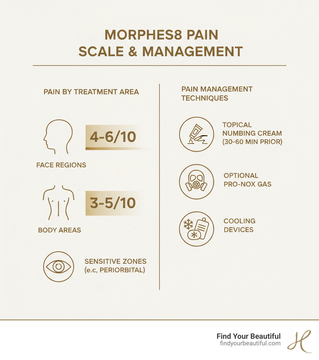 Infographic showing Morpheus8 pain scale by treatment area, with face regions rated 4-6/10, body areas rated 3-5/10, and sensitive zones like periorbital rated 5-7/10, alongside pain management techniques including topical numbing cream applied 30-60 minutes prior, optional Pro-Nox gas, and cooling devices - morpheus8 pain level infographic 