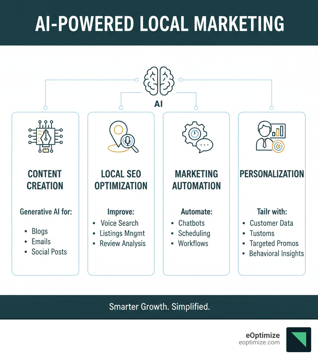 Infographic showing the four core pillars of AI-powered local marketing: Content Creation (using generative AI for blogs, emails, and social posts), Local SEO Optimization (voice search, listings management, and review analysis), Marketing Automation (chatbots, scheduling, and workflow automation), and Personalization (customer data analysis, targeted promotions, and behavioral insights) - AI-powered local marketing infographic 