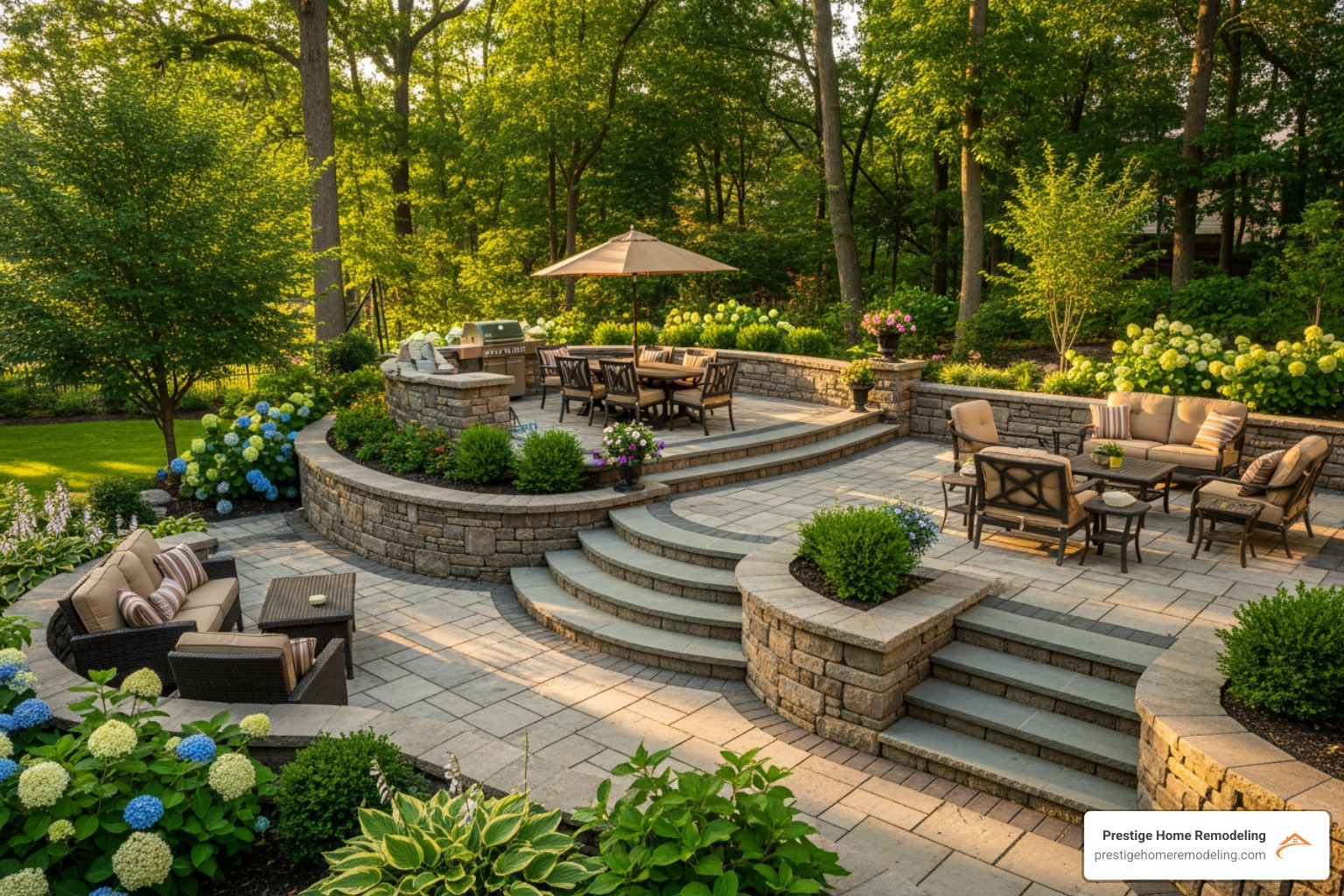 complex, multi-level patio with retaining walls - patio builders Maryland